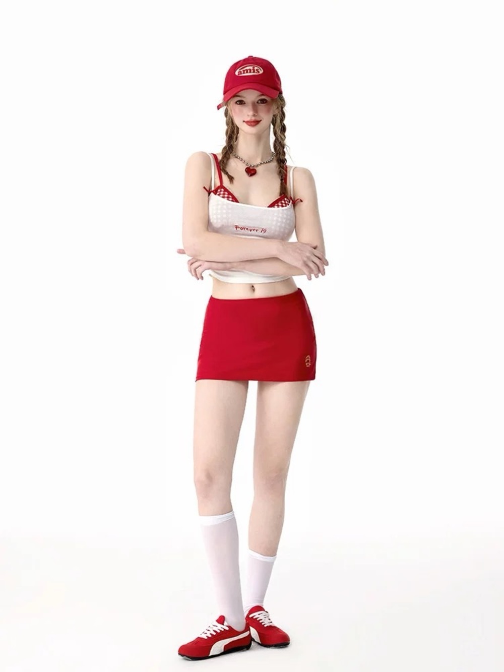 Red White 2 Piece Mini Skirt Set Gingham Trim Cami Top Low Rise Micro Skirt